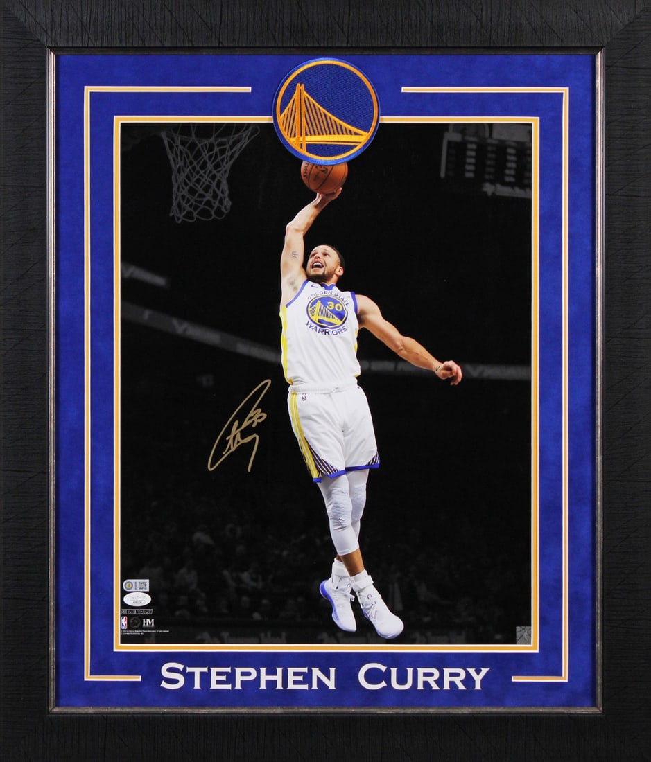 Stephen Curry Signed 16x20 Framed Dunk Photo JSA Certified Warriors: Stephen Curry Signed 16x20 Framed Dunk Photo JSA Certified Warriors Celebrate the legacy of Stephen Curry with this stunning 16x20 framed photo capturing him in action during a vertical dunk. Personal