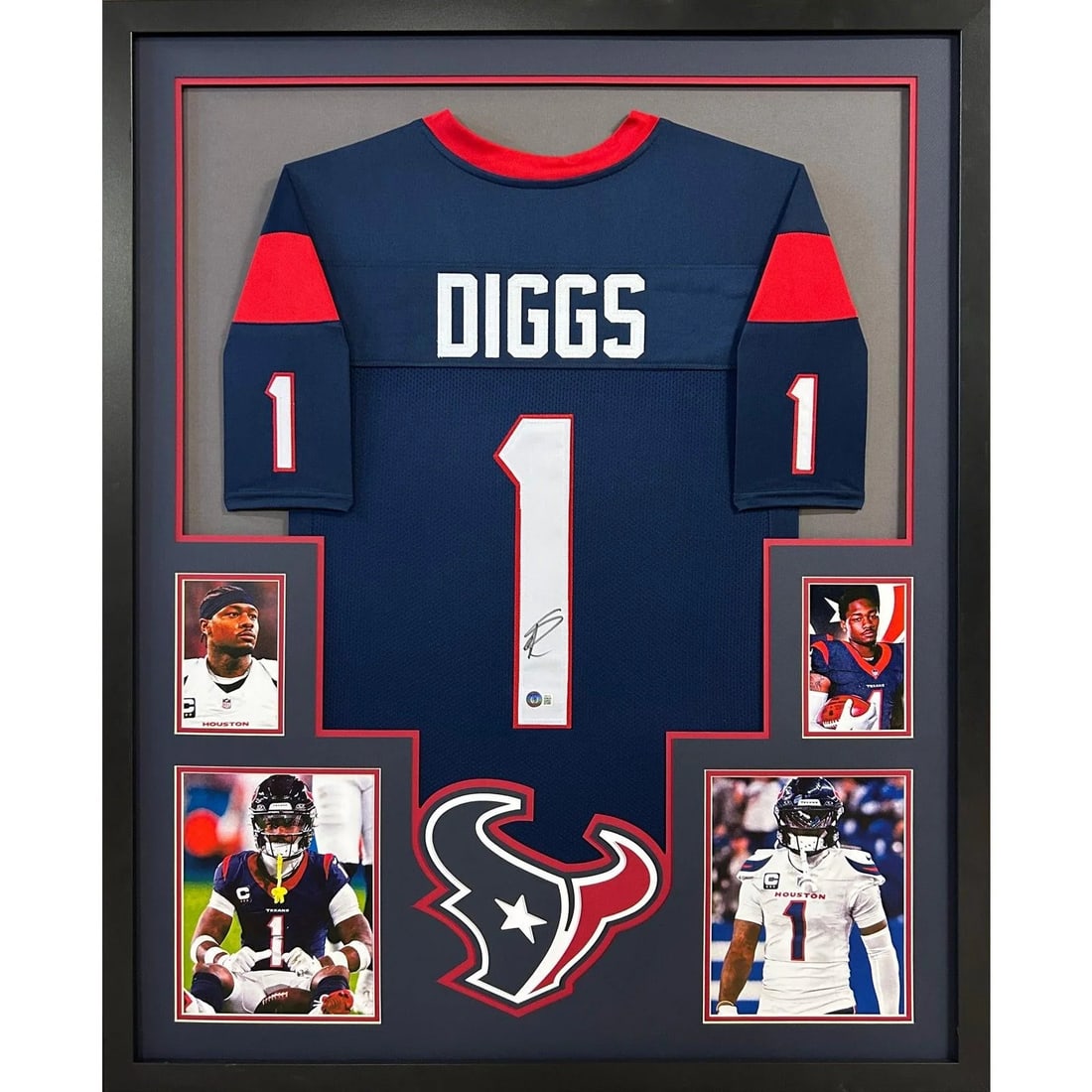 Stefon Diggs Framed Autographed Jersey Beckett Certified 42x34: Stefon Diggs Framed Autographed Jersey Beckett Certified 42x34 This framed jersey features the autograph of Stefon Diggs, a standout player known for his exceptional skills. Authenticated by Beckett, 