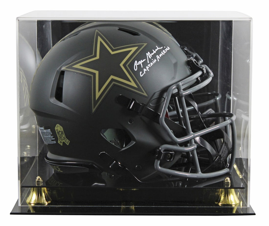 Roger Staubach signed Cowboys Speed Proline helmet Captain America BAS case: Roger Staubach signed Cowboys Speed Proline helmet Captain America BAS case This full-size 2025 Salute To Service IV Speed Proline helmet features the Dallas Cowboys branding and has been personally s
