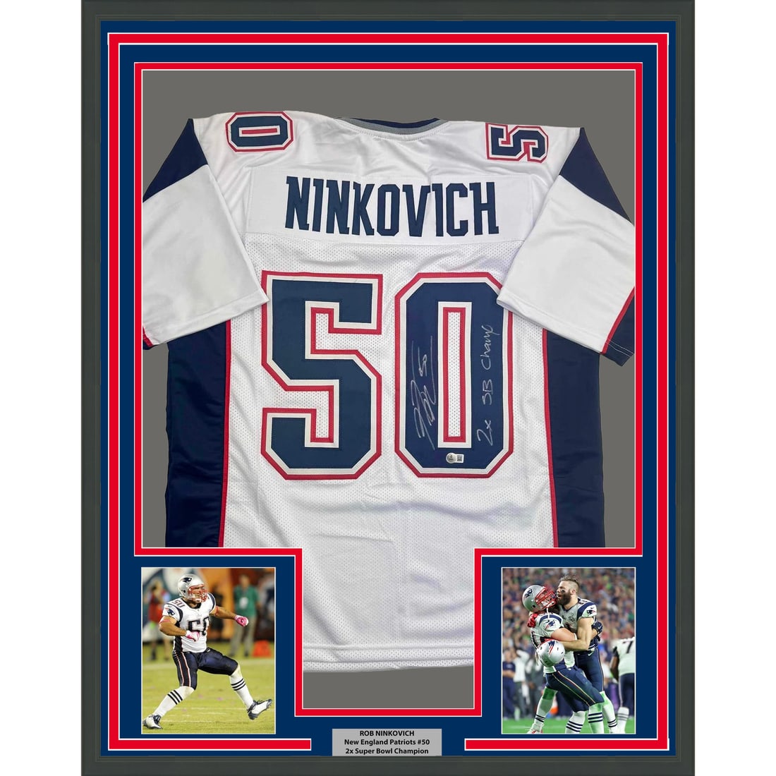 Rob Ninkovich signed framed Patriots white jersey BAS COA 35x39 display: Rob Ninkovich signed framed Patriots white jersey BAS COA 35x39 display This framed display features a New England Patriots white jersey autographed by Rob Ninkovich. The jersey is professionally fram