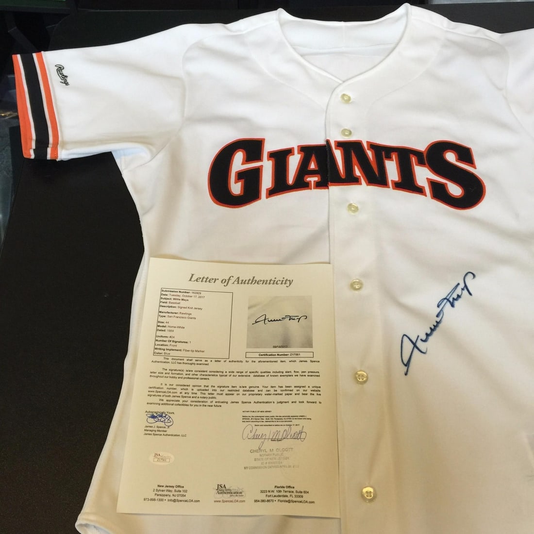 San Francisco Giants Game Jersey Signed by Willie Mays with JSA Authentication: San Francisco Giants Game Jersey Signed by Willie Mays with JSA Authentication This is an authentic San Francisco Giants game-issued jersey signed by Willie Mays. Produced by the Giants in 1989 for Wi