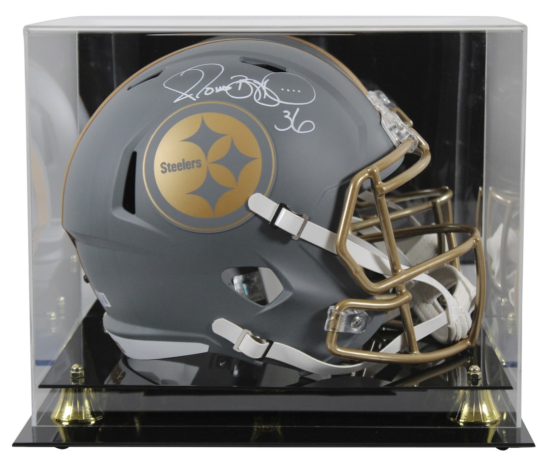 Jerome Bettis Autographed Pittsburgh Steelers Slate Helmet with Display Case BAS: Jerome Bettis Autographed Pittsburgh Steelers Slate Helmet with Display Case BAS This is an original signed helmet by NFL legend Jerome Bettis, featuring the Pittsburgh Steelers. The full-size speed r