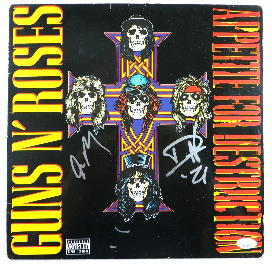 Guns N' Roses Dual Signed Album Cover by Duff McKagan Steve Adler JSA: Guns N' Roses Dual Signed Album Cover by Duff McKagan Steve Adler JSA This original album cover features dual autographs from Duff McKagan and Steve Adler of Guns N' Roses, authenticated by James Spen