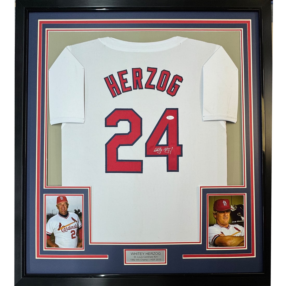 Framed Autographed Whitey Herzog Jersey 33x42 St. Louis Cardinals JSA COA: Framed Autographed Whitey Herzog Jersey 33x42 St. Louis Cardinals JSA COA This professionally framed and matted piece features an autographed Whitey Herzog jersey, a treasured collectible for any base