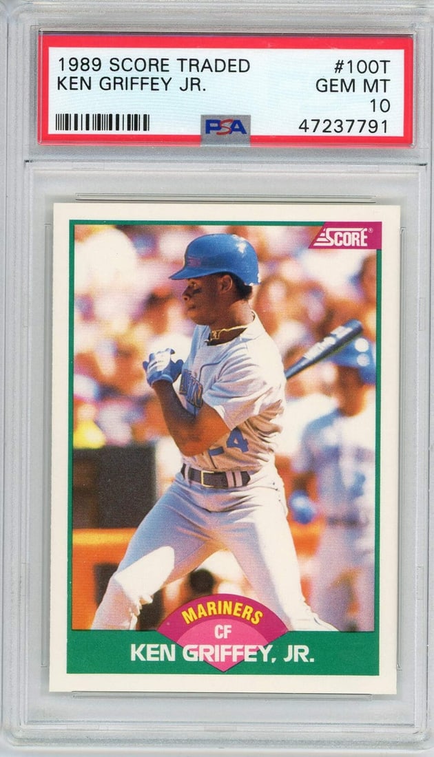 PSA 10 1989 Score Traded Ken Griffey Jr Rookie Card #100T: PSA 10 1989 Score Traded Ken Griffey Jr Rookie Card #100T This is an original 1989 Score Traded Ken Griffey Jr. #100T rookie baseball card, professionally graded and encapsulated by PSA with a grade o