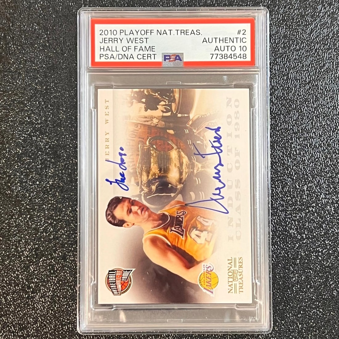 2010 National Treasures Jerry West Autographed Card PSA Authenticated: 2010 National Treasures Jerry West Autographed Card PSA Authenticated This is a 2010 National Treasures Hall of Fame #2 sports trading card featuring a bold autograph from basketball legend Jerry West