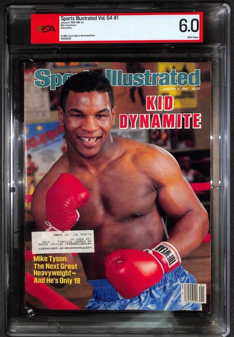PSA 6.0 Sports Illustrated Mike Tyson January 1986 First Cover White Pages: PSA 6.0 Sports Illustrated Mike Tyson January 1986 First Cover White Pages This is an original January 6, 1986 Sports Illustrated magazine featuring Mike Tyson's first-ever appearance on the cover, ti