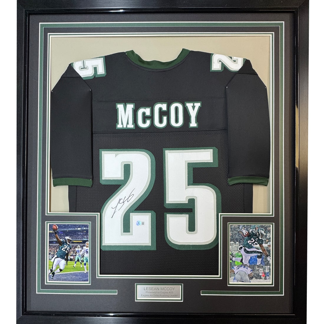 Framed LeSean McCoy signed Philadelphia Eagles black jersey 33x42 JSA COA: Framed LeSean McCoy signed Philadelphia Eagles black jersey 33x42 JSA COA This professionally framed and matted Philadelphia Eagles black jersey features the autograph of NFL player LeSean McCoy. The 