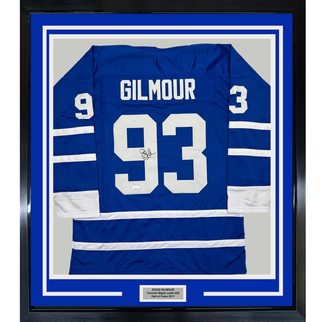 Doug Gilmour Signed Toronto Maple Leafs Framed Jersey 35x39 JSA Authenticated: Doug Gilmour Signed Toronto Maple Leafs Framed Jersey 35x39 JSA Authenticated This framed Toronto Maple Leafs hockey jersey features Doug Gilmour's autograph and is authenticated by James Spence Authe