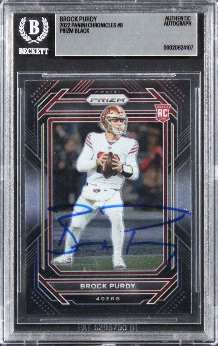 Brock Purdy autographed 2022 Panini Prizm Black #8 rookie card Beckett slabbed: Brock Purdy autographed 2022 Panini Prizm Black #8 rookie card Beckett slabbed Original 2022 Panini Chronicles Prizm Black #8 rookie card signed by Brock Purdy of the San Francisco 49ers. The card is 
