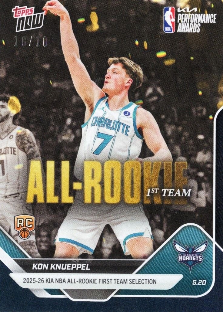 Kon Knueppel AR02 2025 Topps Now Black Foil /10 RC Card: Kon Knueppel AR02 2025 Topps Now Black Foil /10 RC Card 2025 Topps Now Kon Knueppel #AR02 Black Foil /10 rookie basketball card. This sports trading card features the Black Foil parallel from the 2025
