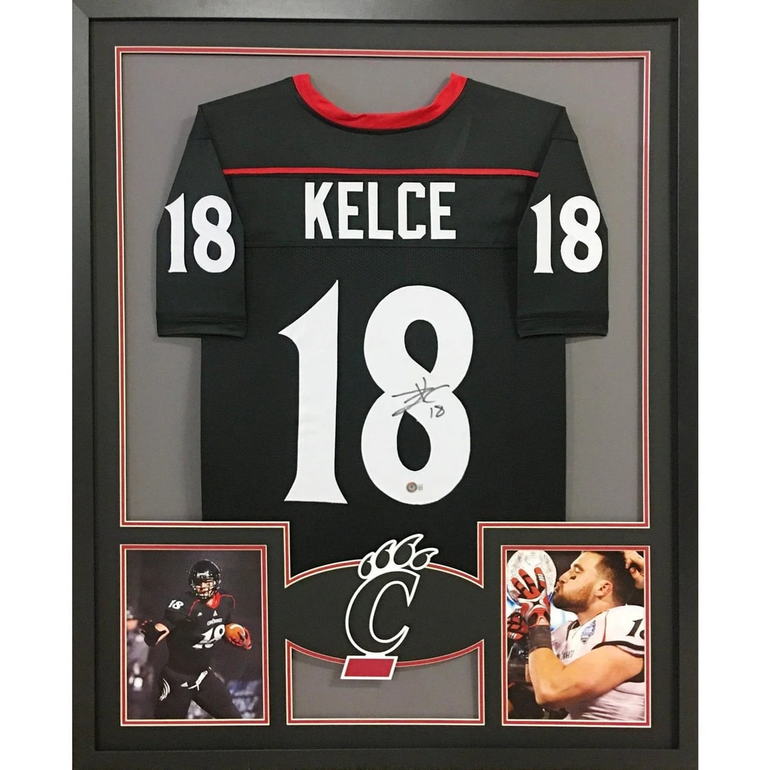 Framed Cincinnati Jersey Signed by Travis Kelce with Beckett Authentication: Framed Cincinnati Jersey Signed by Travis Kelce with Beckett Authentication This framed Cincinnati jersey is autographed by Travis Kelce and authenticated by Beckett, featuring a tamper-proof sticker 