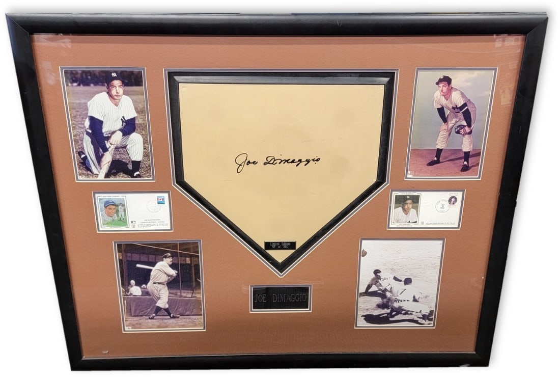 Framed Joe DiMaggio Yankees home plate autographed PSA DNA 57 of 350: Framed Joe DiMaggio Yankees home plate autographed PSA DNA 57 of 350 This framed home plate features the autograph of legendary New York Yankees player Joe DiMaggio. It is an original signed collectib