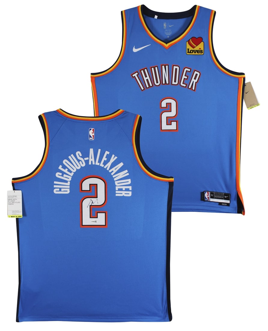 Shai Gilgeous-Alexander autographed Thunder Nike Icon jersey JSA: Shai Gilgeous-Alexander autographed Thunder Nike Icon jersey JSA This blue Nike Icon Edition Swingman jersey has been personally signed by Shai Gilgeous-Alexander of the Oklahoma City Thunder. The aut