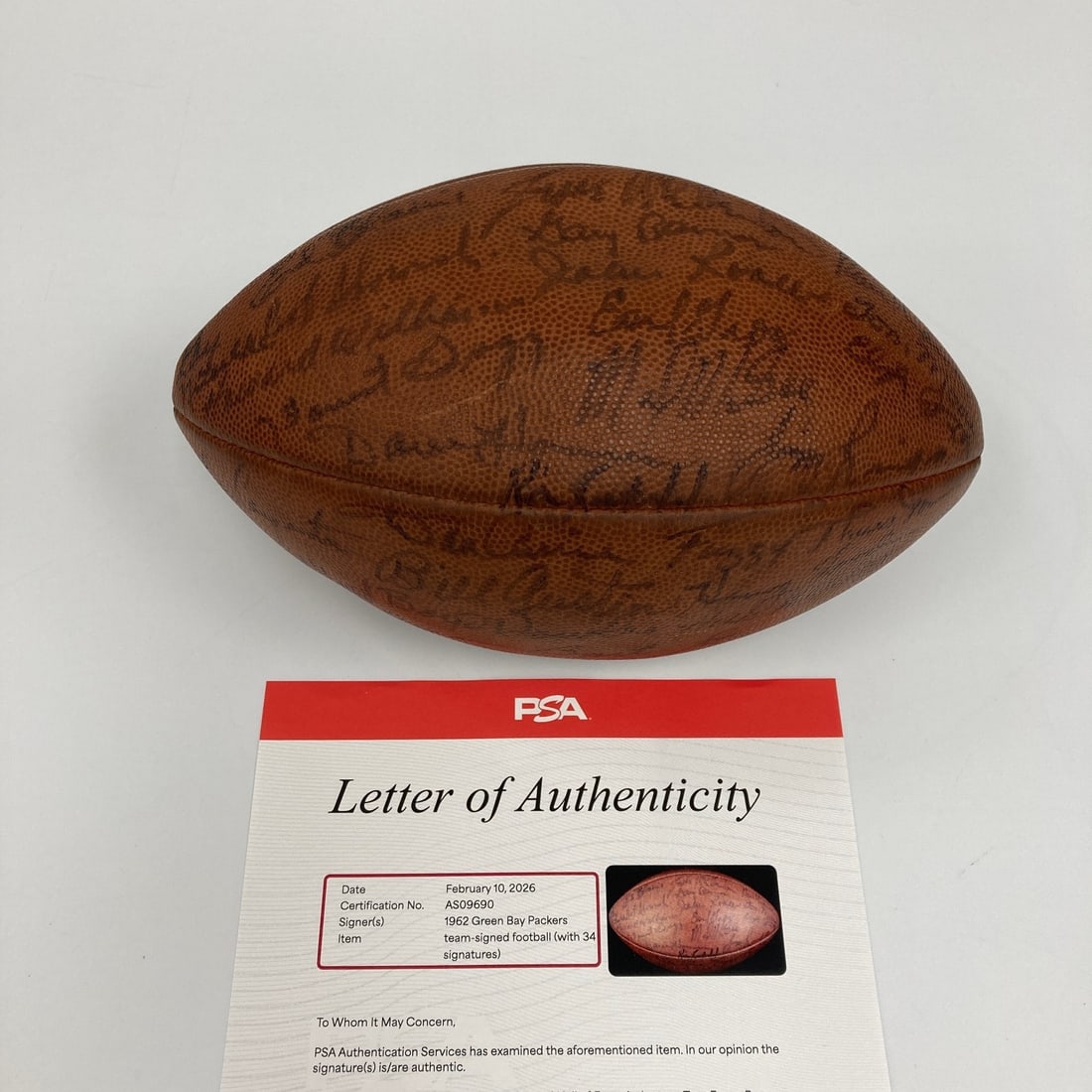 Green Bay Packers 1962 Team Autographed Football With PSA DNA COA: Green Bay Packers 1962 Team Autographed Football With PSA DNA COA This is an original 1962 Green Bay Packers NFL Champions team-signed official "The Duke" game football. The ball features autographs f