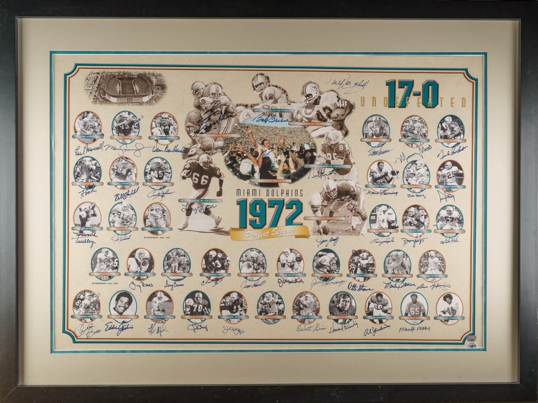 Framed 1972 Miami Dolphins signed lithograph JSA COA: Framed 1972 Miami Dolphins signed lithograph JSA COA This limited-edition lithograph photo commemorates the 1972 Miami Dolphins, the only undefeated team in NFL history and Super Bowl VII champions. T