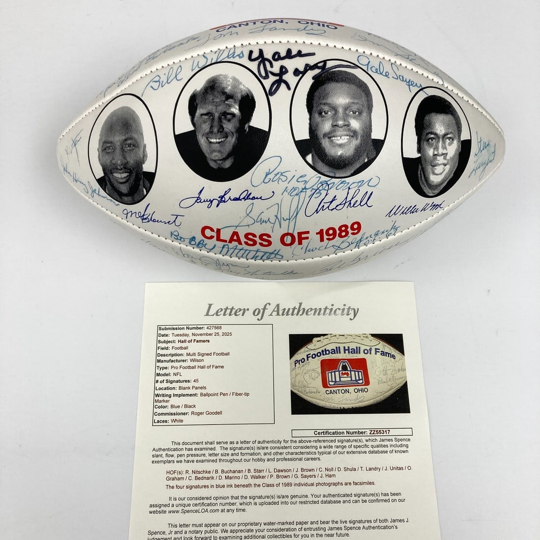 1989 Hall of Fame Induction Football 45 Signatures JSA Authenticated: 1989 Hall of Fame Induction Football 45 Signatures JSA Authenticated This rare 1989 Hall of Fame Induction football features an impressive collection of 45 signatures from some of the greatest names i