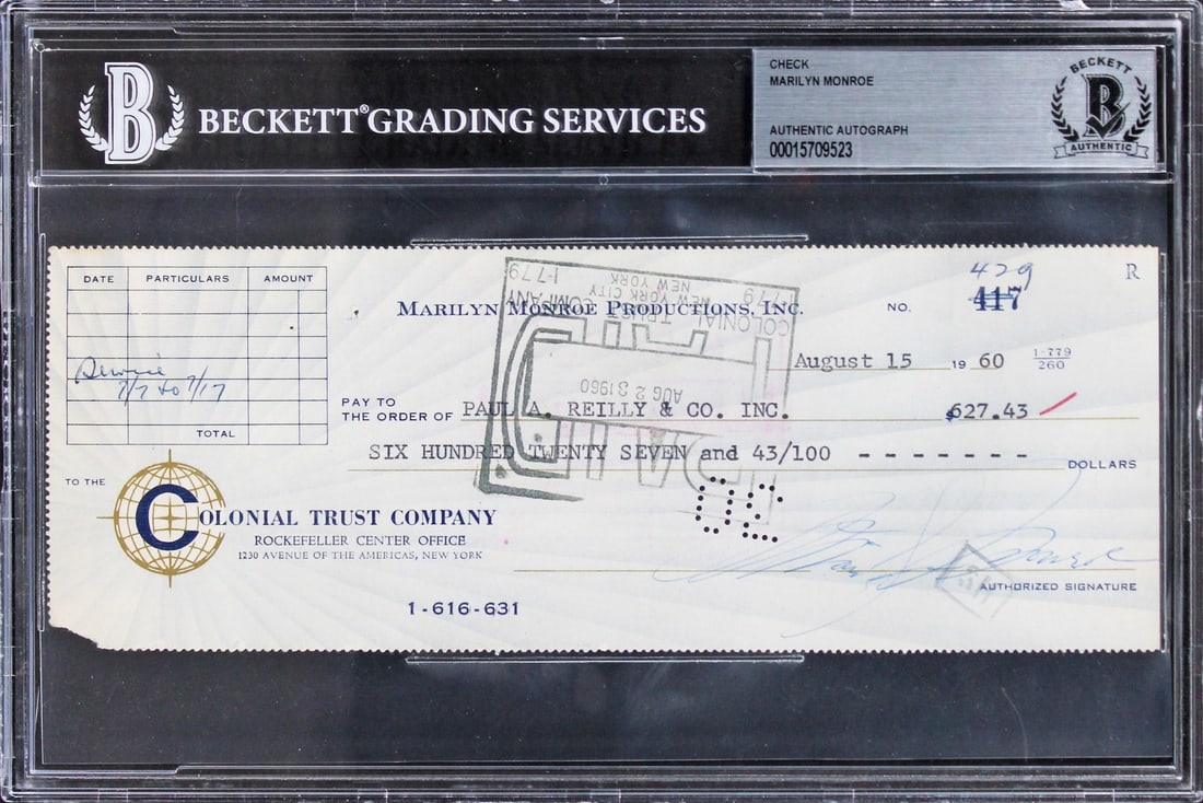 Beckett slabbed Marilyn Monroe signed check 3x8.5 dated 1960 (1 of 3)