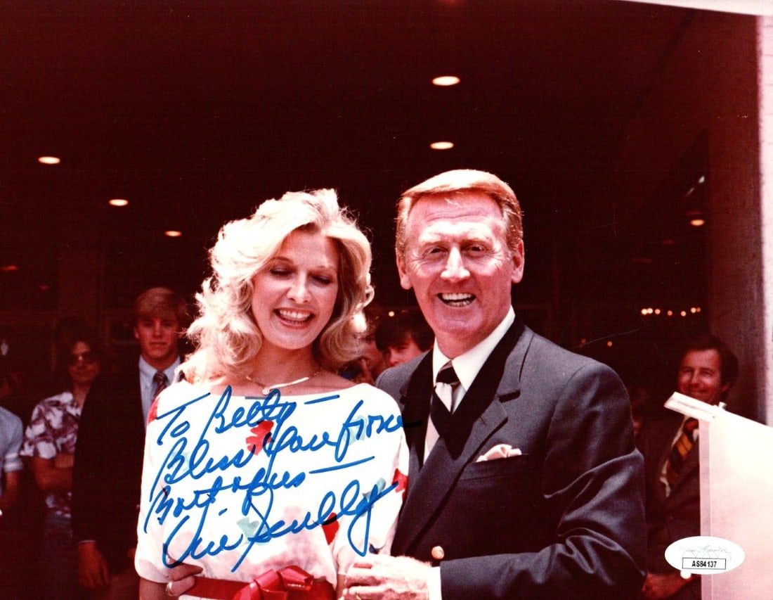JSA authenticated Vin Scully 8X10 Dodgers photo for Betty: JSA authenticated Vin Scully 8X10 Dodgers photo for Betty This 8x10 photograph features the authentic autograph of Vin Scully, legendary broadcaster for the Los Angeles Dodgers. The photo was signed f