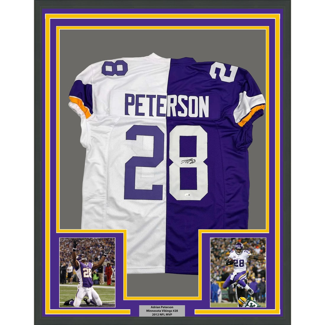 Adrian Peterson Signed Minnesota Vikings Split Jersey Framed Display 35x39 JSA COA: Adrian Peterson Signed Minnesota Vikings Split Jersey Framed Display 35x39 JSA COA This is a professionally framed and matted Adrian Peterson split jersey, autographed by the player and representing t
