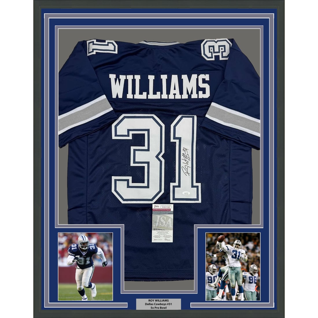 Roy Williams signed Dallas Cowboys framed blue jersey JSA COA 35x39: Roy Williams signed Dallas Cowboys framed blue jersey JSA COA 35x39 This professionally framed and matted display features a Dallas Cowboys blue football jersey autographed by Roy Williams. The piece 