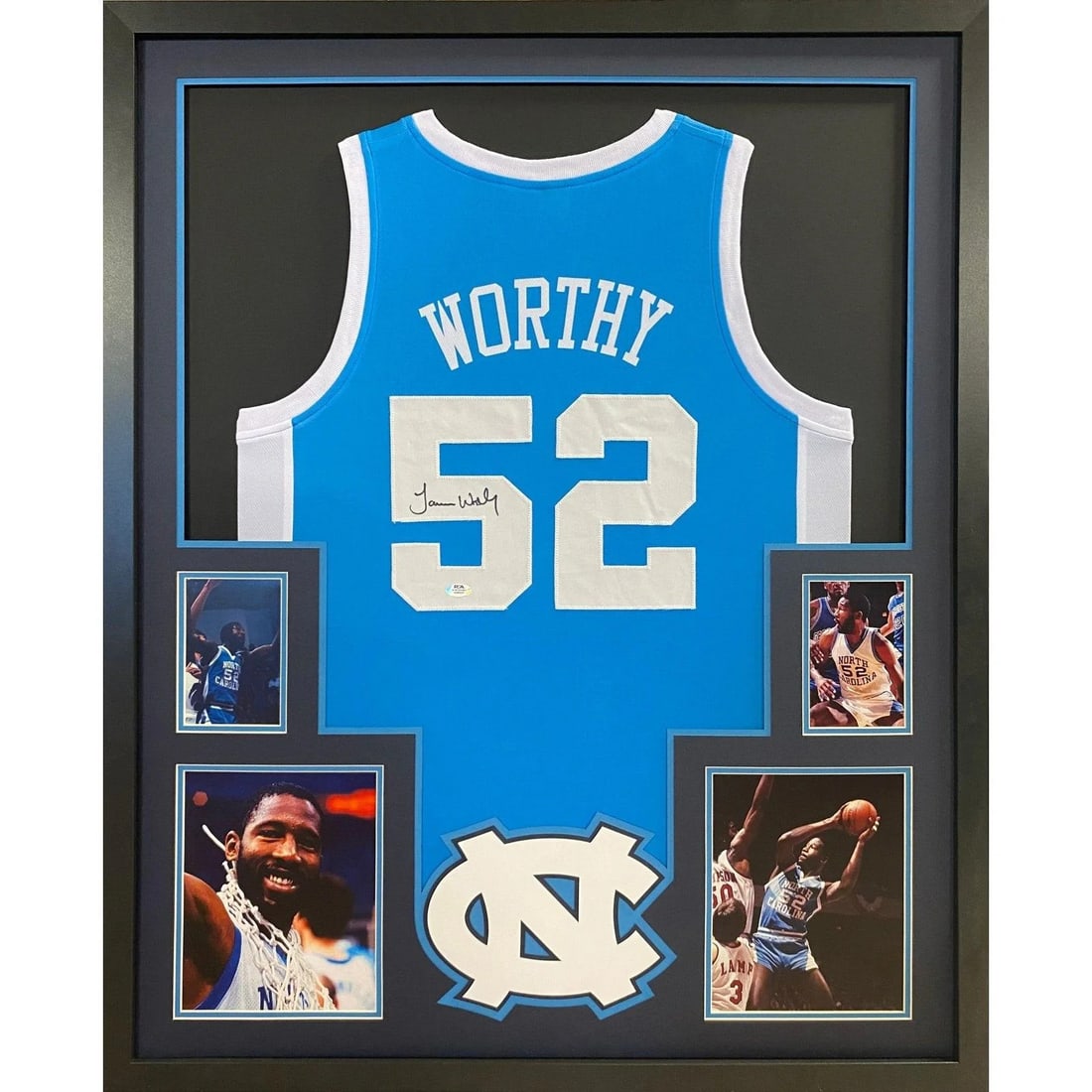 Framed North Carolina Jersey Signed by James Worthy PSA DNA Authenticated: Framed North Carolina Jersey Signed by James Worthy PSA DNA Authenticated This framed jersey features the authentic signature of James Worthy. The jersey is authenticated by PSA/DNA and includes a tam