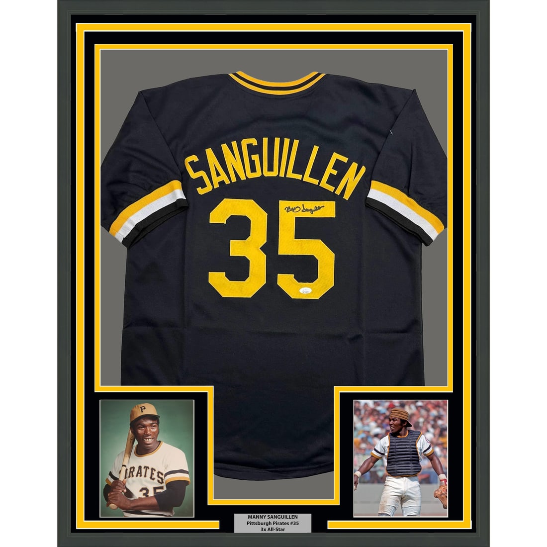 Manny Sanguillen Signed Pittsburgh Pirates Jersey Display Framed with JSA COA 35x39: Manny Sanguillen Signed Pittsburgh Pirates Jersey Display Framed with JSA COA 35x39 This framed display features a Pittsburgh Pirates black jersey autographed by Manny Sanguillen. The jersey is profes