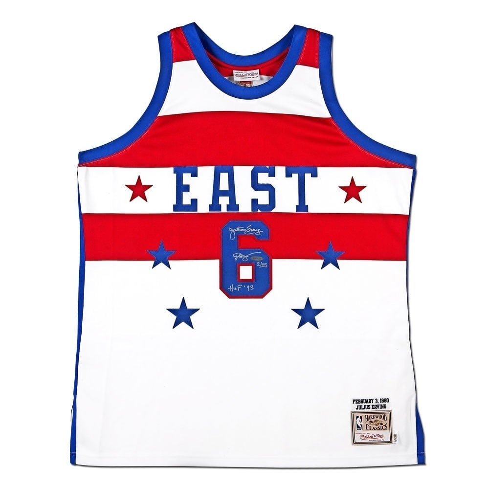 Julius Erving Autographed Mitchell & Ness 1980 All-Star Jersey 76ers Limited #/25: Julius Erving Autographed Mitchell & Ness 1980 All-Star Jersey 76ers Limited #/25 This original Mitchell & Ness 1980 All-Star jersey features the iconic design worn by Julius Erving while playing for 