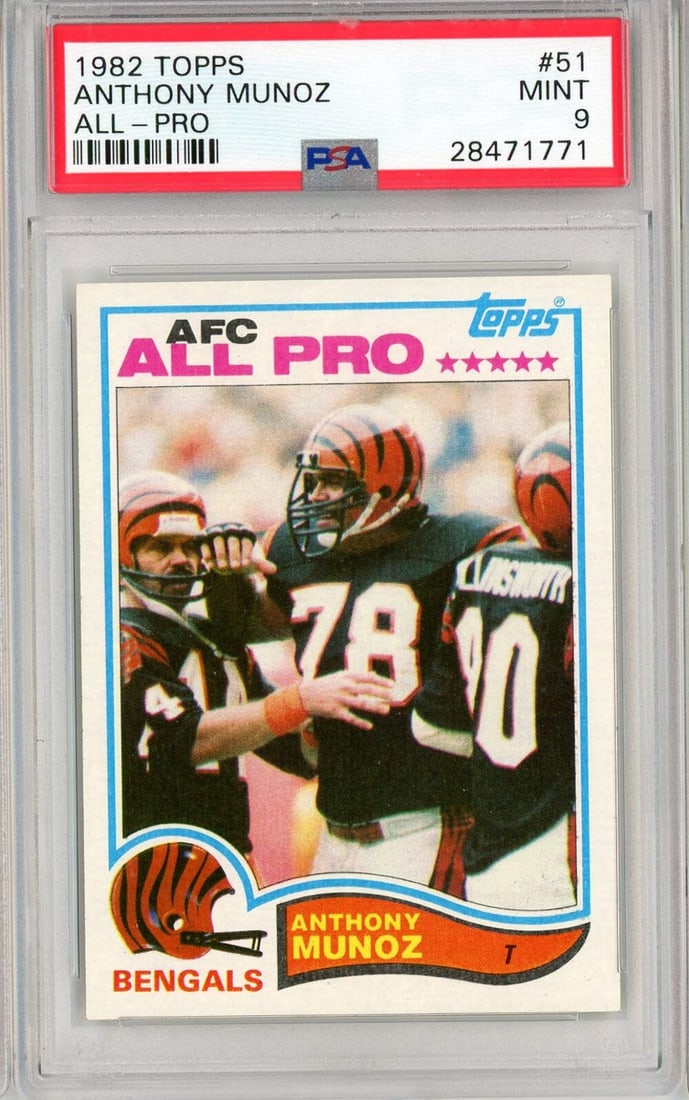 PSA 9 Anthony Munoz 1982 Topps #51 Rookie Football Card: PSA 9 Anthony Munoz 1982 Topps #51 Rookie Football Card Original 1982 Topps Anthony Munoz #51 rookie football card, professionally graded PSA 9 Mint and encapsulated by Professional Sports Authenticat