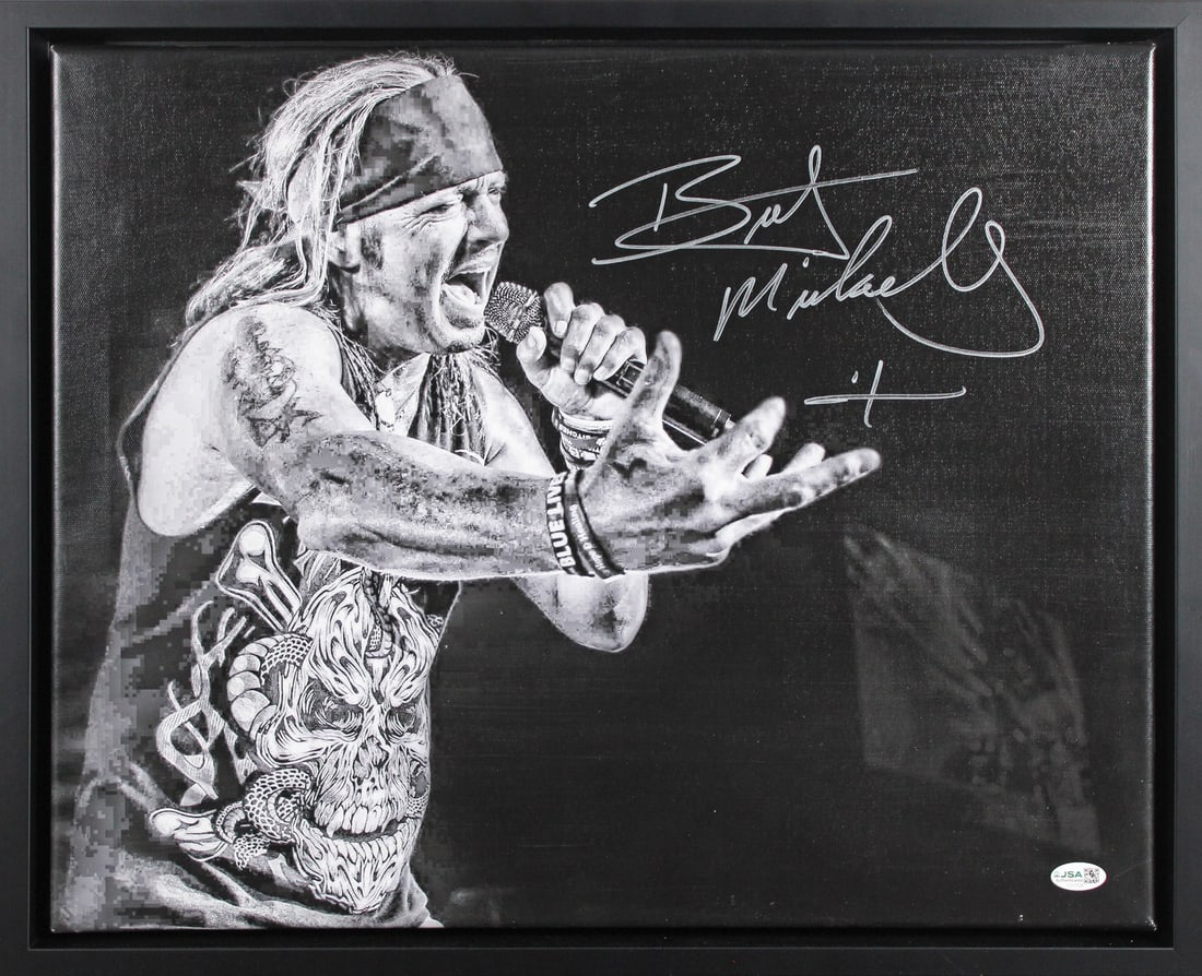 Framed 16x20 Bret Michaels Signed Canvas Photo JSA CL51526: Framed 16x20 Bret Michaels Signed Canvas Photo JSA CL51526 Autographed and framed 16x20 canvas photograph personally signed by Bret Michaels of Poison. The item is original and comes with JSA autograp