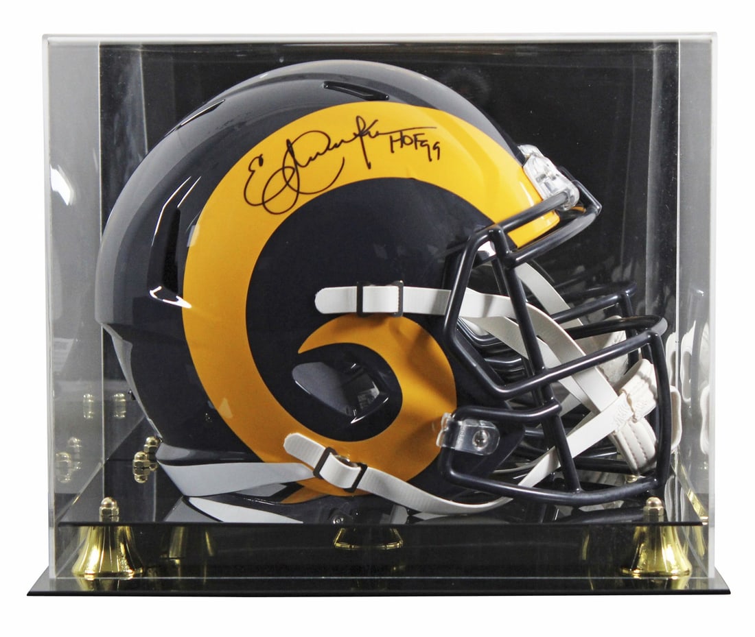 Eric Dickerson Signed Rams Helmet HOF 99 Beckett Authenticated: Eric Dickerson Signed Rams Helmet HOF 99 Beckett Authenticated This authentic 1981-99 Throwback Full Size Speed Replica Helmet, featuring the Los Angeles Rams, is personally signed by Hall of Famer Er