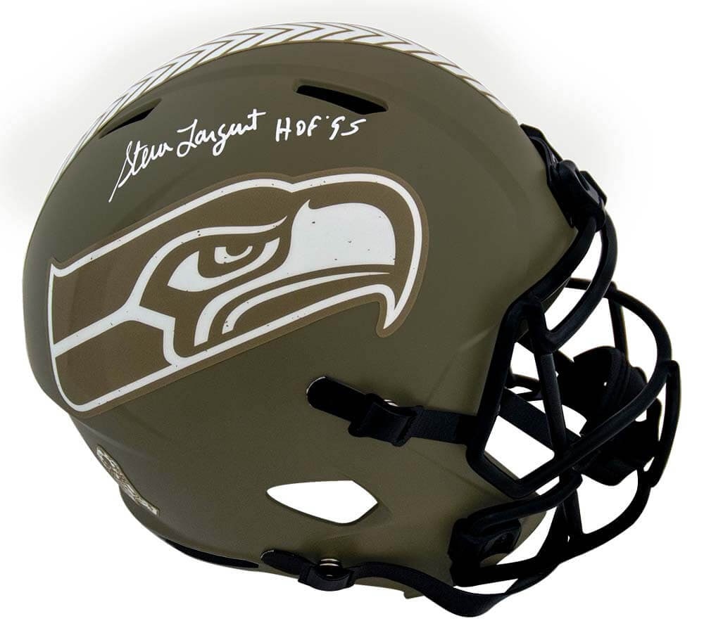 Steve Largent Signed Seahawks Helmet HOF 95 Inscription with COA: Steve Largent Signed Seahawks Helmet HOF 95 Inscription with COA Celebrate the legacy of football with this signed Steve Largent Seattle Seahawks Salute to Service Riddell full-size speed replica helm