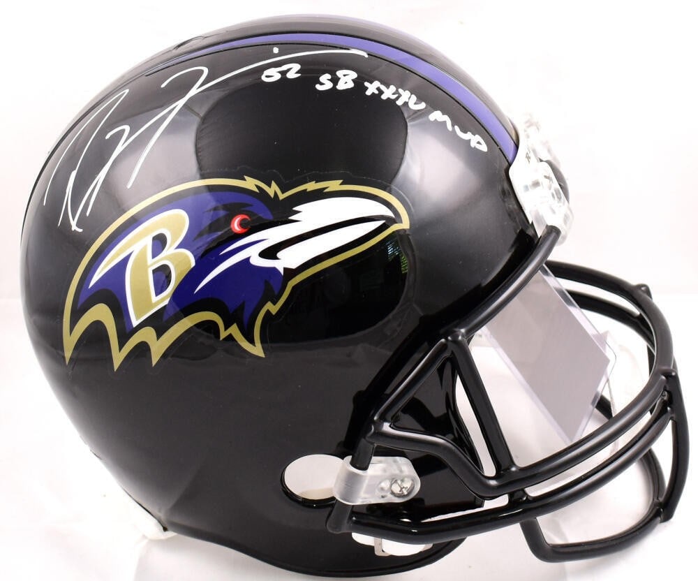 Baltimore Ravens Full Size Helmet Signed by Ray Lewis with SB MVP Inscription JSA: Baltimore Ravens Full Size Helmet Signed by Ray Lewis with SB MVP Inscription JSA This is a Ray Lewis autographed full-size Baltimore Ravens helmet, featuring the Super Bowl MVP inscription. The helme