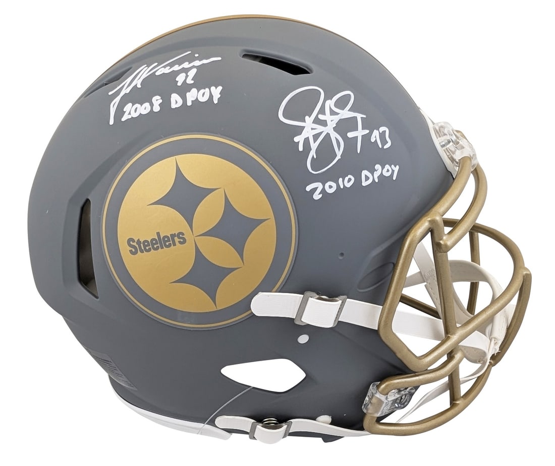 James Harrison Troy Polamalu Signed Steelers Slate Speed Proline Helmet Beckett Authenticated: James Harrison Troy Polamalu Signed Steelers Slate Speed Proline Helmet Beckett Authenticated This authentic full-size Riddell Speed Proline helmet features a unique alternate slate design and is pers