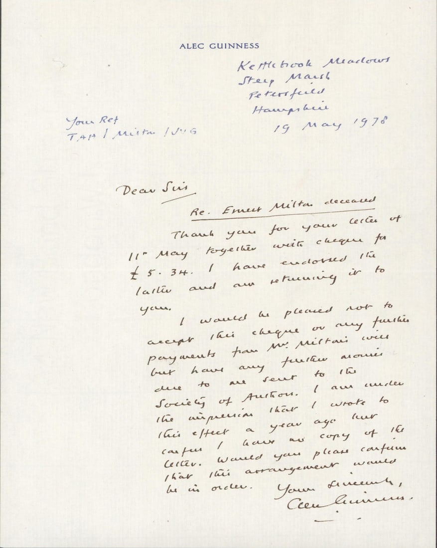 Alec Guinness Star Wars Signed 1978 Handwritten Letter Beckett COA: Alec Guinness Star Wars Signed 1978 Handwritten Letter Beckett COA This is an original, handwritten letter dated May 19, 1978, personally signed by Alec Guinness, known for his iconic role in Star War