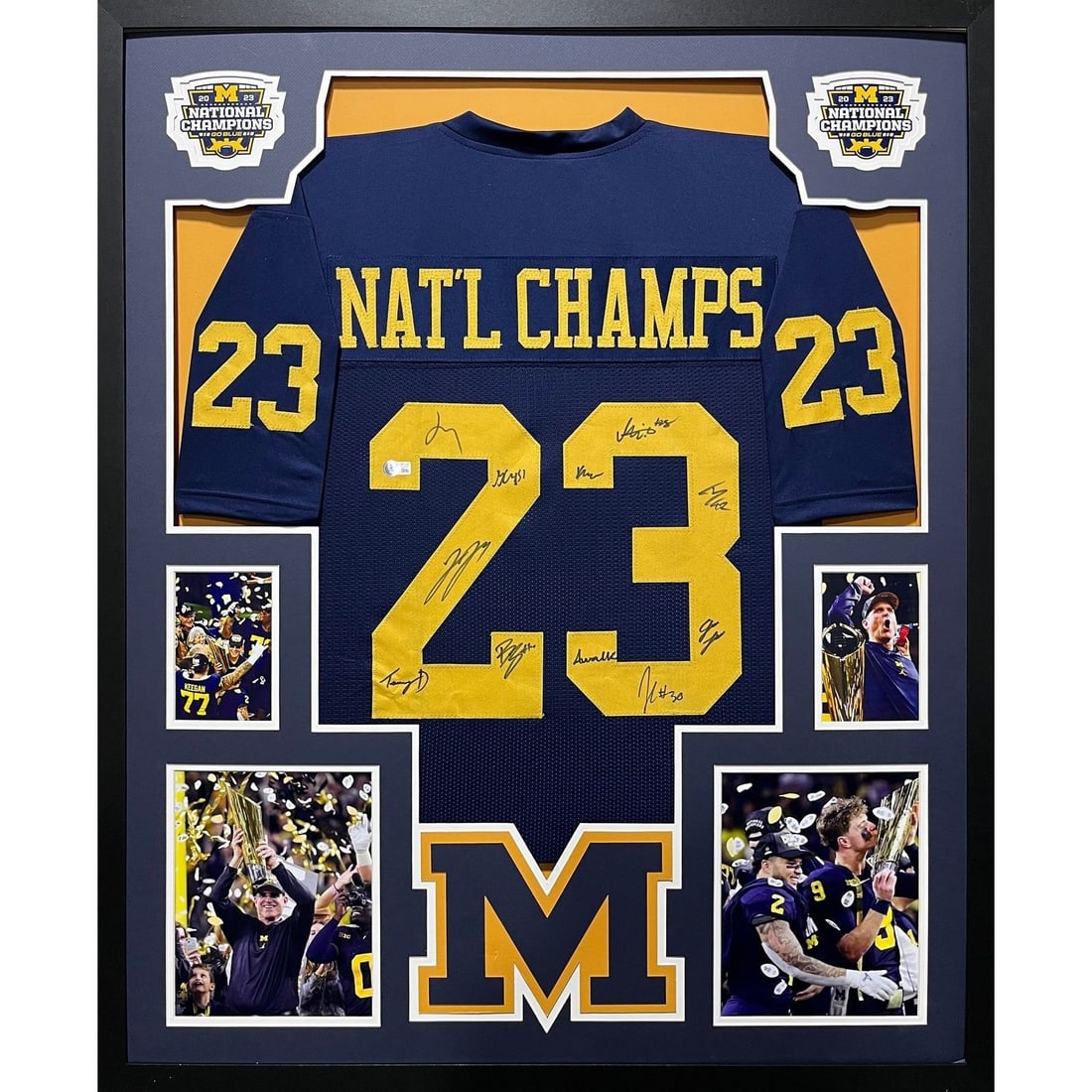 Michigan 2023 Team Signed Framed Jersey Beckett Authenticated 11 Signatures: Michigan 2023 Team Signed Framed Jersey Beckett Authenticated 11 Signatures Celebrate Michigan's 2023 National Championship with this stunning autographed framed jersey. This unique piece features han