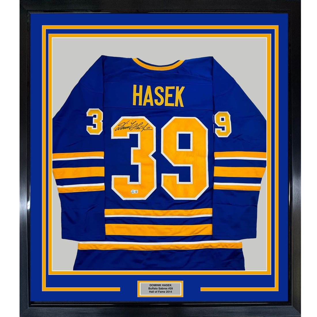 Framed Autographed Dominik Hasek Buffalo Sabres Jersey with BAS COA: Framed Autographed Dominik Hasek Buffalo Sabres Jersey with BAS COA Celebrate the legacy of hockey legend Dominik Hasek with this professionally framed and matted autographed Buffalo Sabres jersey. Th