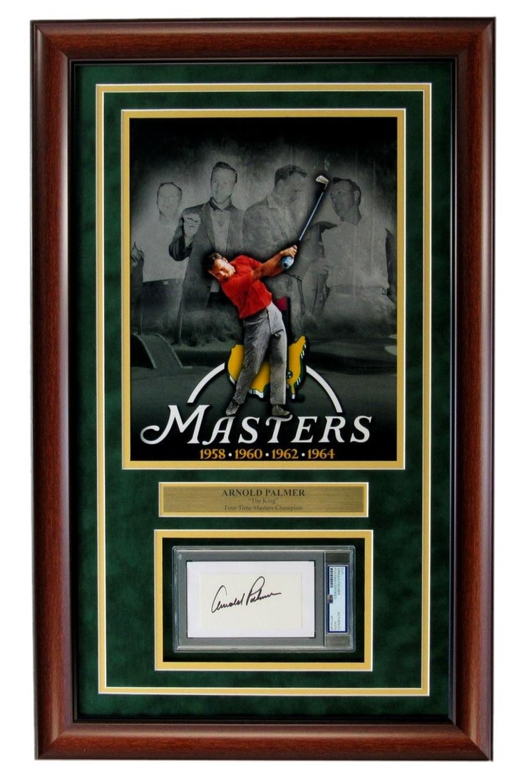 Framed Arnold Palmer PSA DNA signed 3x5 index card with 11x14 photo: Framed Arnold Palmer PSA DNA signed 3x5 index card with 11x14 photo This collectible features an Arnold Palmer signed 3x5 index card, encapsulated and authenticated by PSA/DNA. The autographed card is