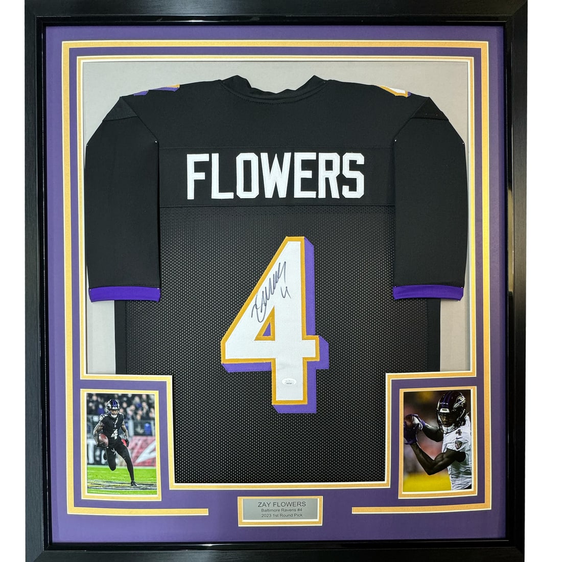 Zay Flowers signed framed Baltimore Ravens jersey JSA COA: Zay Flowers signed framed Baltimore Ravens jersey JSA COA This professionally framed Baltimore Ravens black jersey is autographed by Zay Flowers and authenticated by James Spence Authentication (JSA).