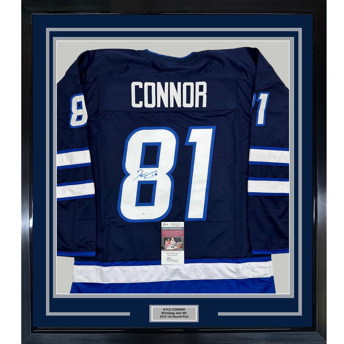 Framed Kyle Connor Autographed Winnipeg Jets Jersey with JSA COA 35x39: Framed Kyle Connor Autographed Winnipeg Jets Jersey with JSA COA 35x39 Showcase your passion for hockey with this professionally framed and autographed Kyle Connor Winnipeg Jets jersey. This stunning 