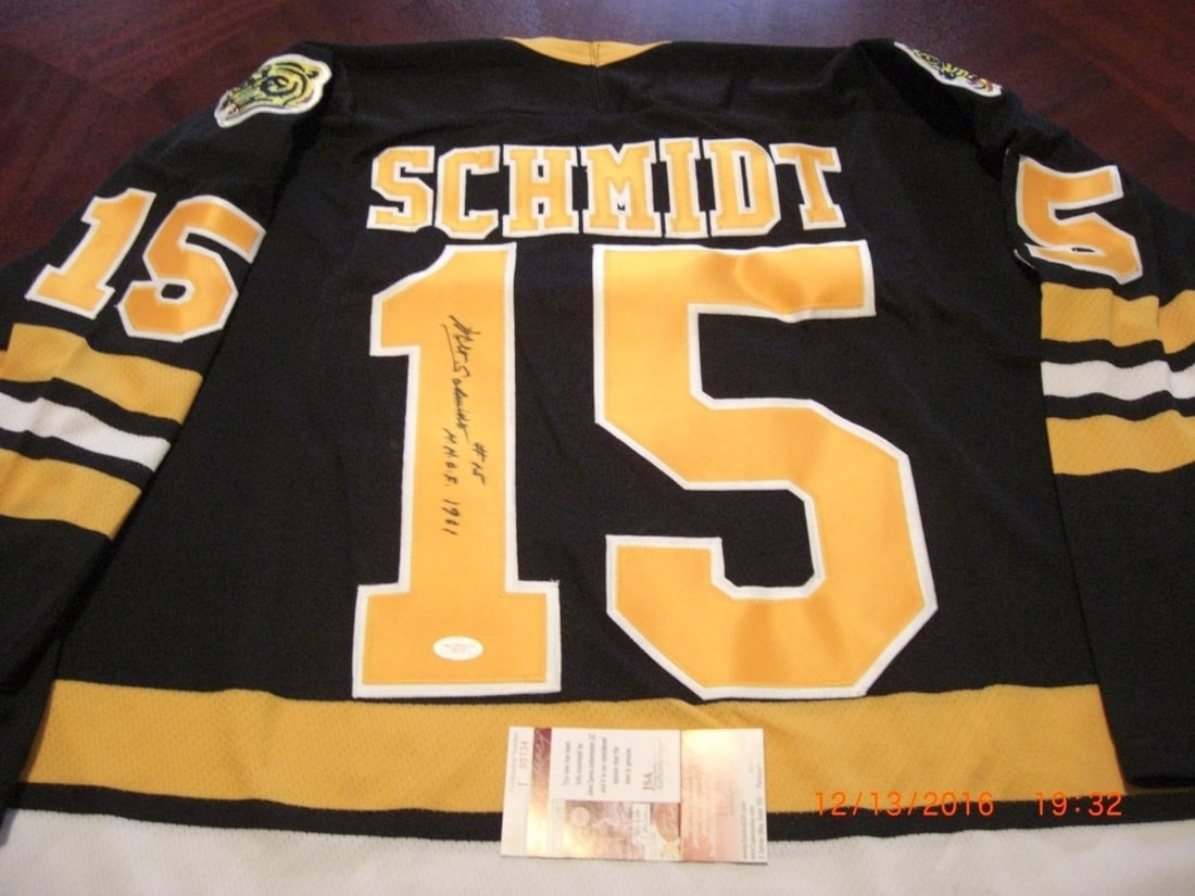 Signed Milt Schmidt Bruins CCM Maska jersey JSA COA: Signed Milt Schmidt Bruins CCM Maska jersey JSA COA This official licensed CCM Maska jersey is signed by Milt Schmidt of the Boston Bruins, a Hockey Hall of Famer. The jersey is an original piece and 