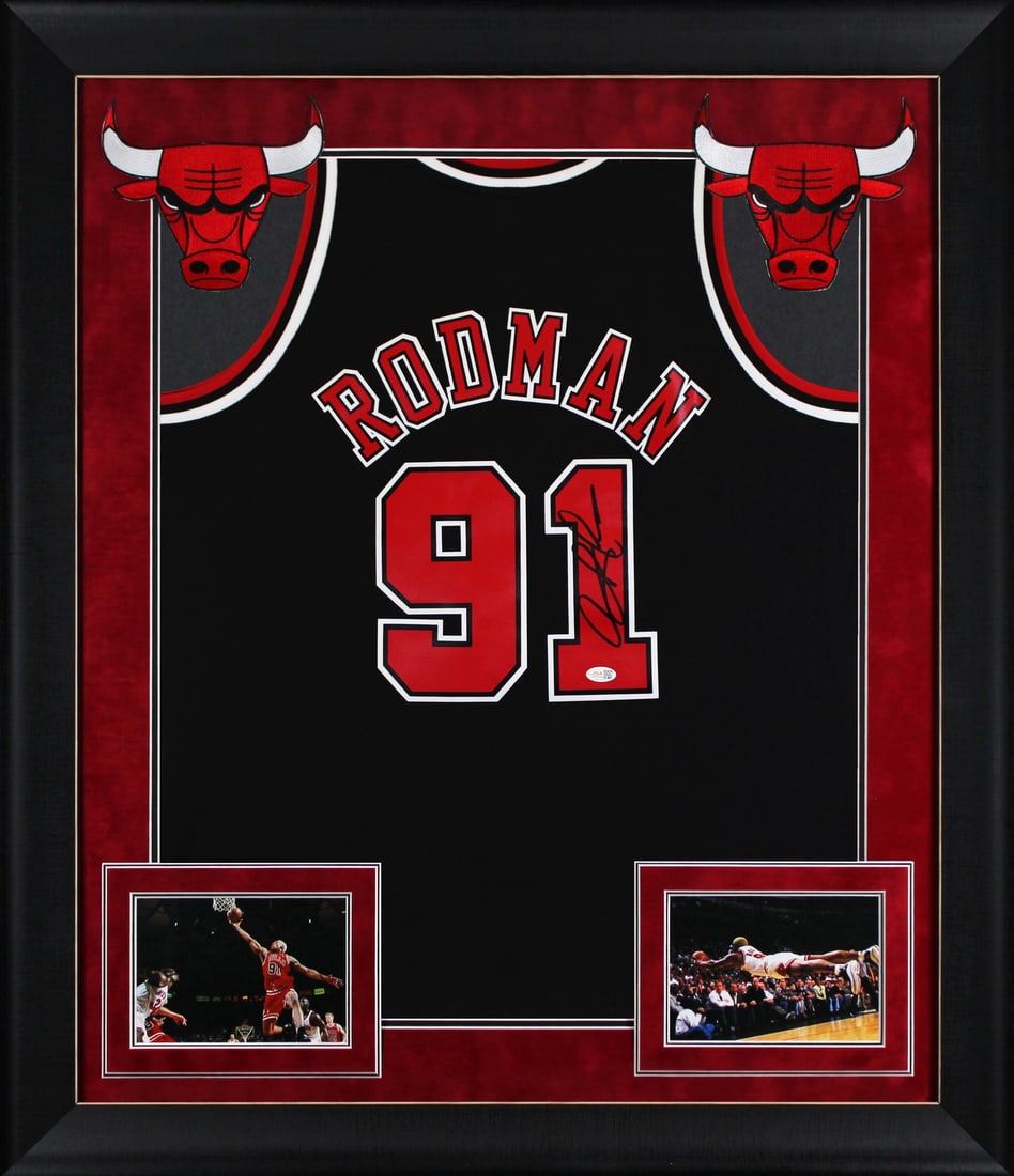 Framed Dennis Rodman Signed Bulls Mitchell and Ness Swingman Jersey JSA: Framed Dennis Rodman Signed Bulls Mitchell and Ness Swingman Jersey JSA Autographed 1997-98 Mitchell & Ness Hardwood Classics Swingman framed jersey signed by Dennis Rodman of the Chicago Bulls with a
