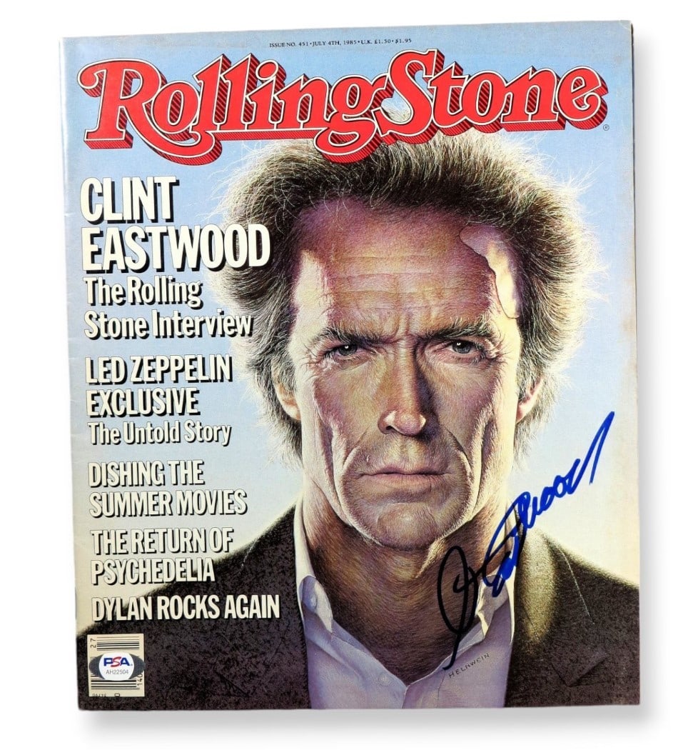 1985 Rolling Stone Magazine Signed by Clint Eastwood PSA Authenticated: 1985 Rolling Stone Magazine Signed by Clint Eastwood PSA Authenticated This is an original Rolling Stone magazine from 1985 that has been autographed by Clint Eastwood. The signature has been authenti
