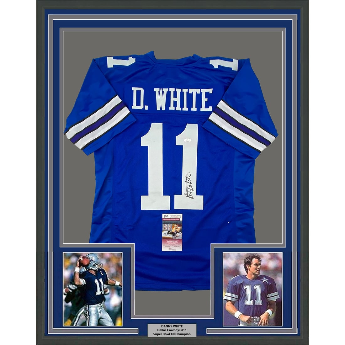 Framed Danny White Autographed Retro Blue Jersey with JSA COA: Framed Danny White Autographed Retro Blue Jersey with JSA COA Celebrate the legacy of NFL star Danny White with this framed and autographed Dallas Cowboys jersey. This authentic retro blue jersey feat