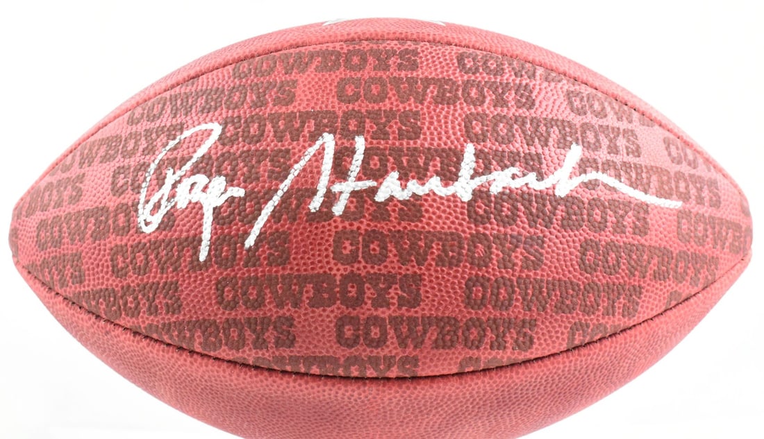 Dallas Cowboys football signed by Roger Staubach Beckett W Holo: Dallas Cowboys football signed by Roger Staubach Beckett W Holo This is an original Dallas Cowboys football autographed by Roger Staubach. The ball is a Duke model and is presented in a showcase displ
