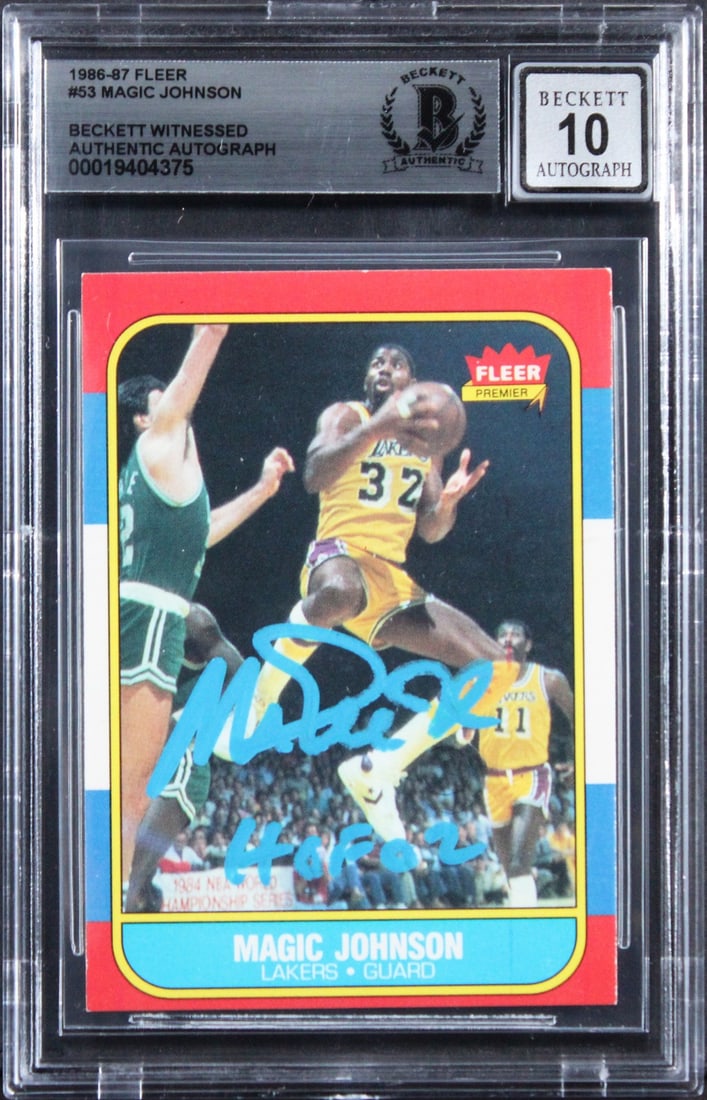 Magic Johnson Signed 1986 Fleer 53 Basketball Card With HOF 02 Inscription BAS 10: Magic Johnson Signed 1986 Fleer 53 Basketball Card With HOF 02 Inscription BAS 10 This is an original 1986 Fleer #53 basketball card featuring Magic Johnson of the Los Angeles Lakers. The card has bee