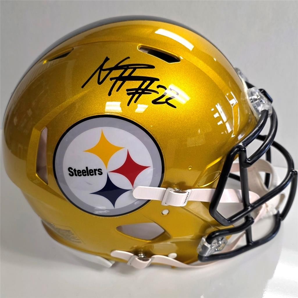 Pittsburgh Steelers full size helmet signed by Najee Harris Fanatics Authentic: Pittsburgh Steelers full size helmet signed by Najee Harris Fanatics Authentic This is a Pittsburgh Steelers Flash full size helmet, signed by Najee Harris. The helmet features an authenticated autogr