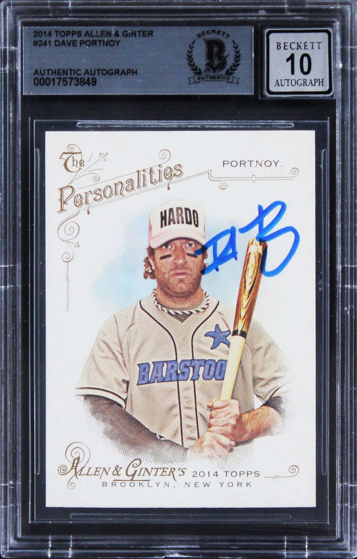 Dave Portnoy Autographed 2014 Allen & Ginter Card Beckett Gem Mint 10 Slab: Dave Portnoy Autographed 2014 Allen & Ginter Card Beckett Gem Mint 10 Slab This is an original 2014 Topps Allen & Ginter #241 baseball card featuring Dave Portnoy. The card has been hand signed by Dav