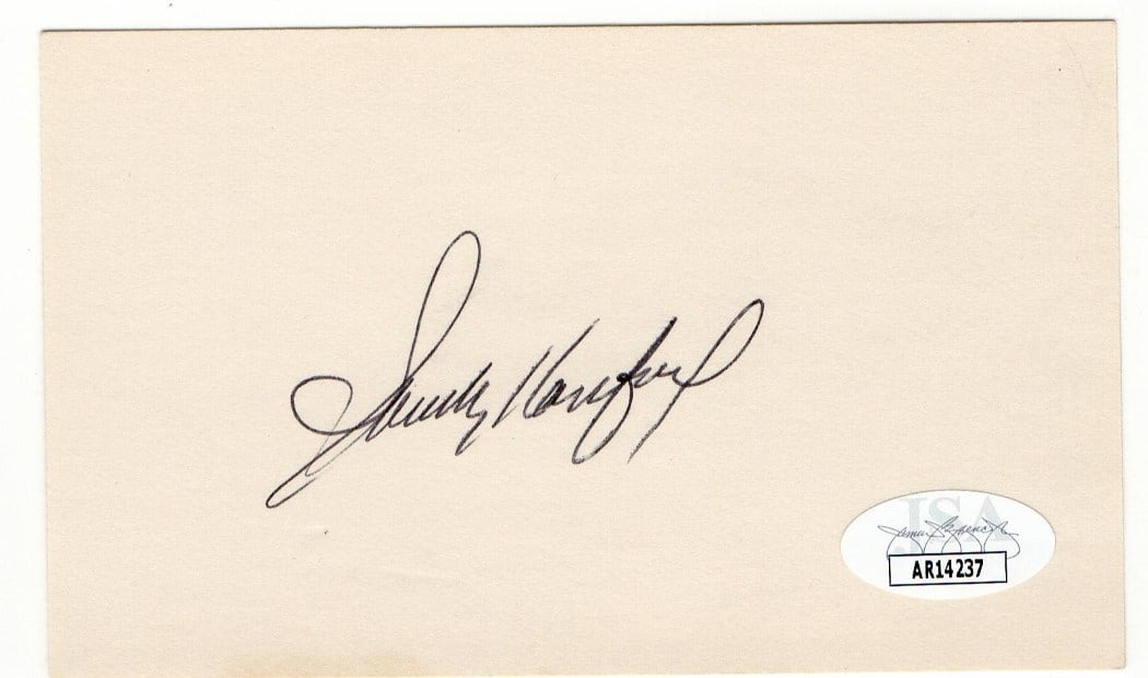Sandy Koufax Autographed Index Card Dodgers HOF JSA Certified: Sandy Koufax Autographed Index Card Dodgers HOF JSA Certified This is an authentic 3 x 5 index card signed by Sandy Koufax, the legendary Hall of Fame pitcher for the Los Angeles Dodgers. The autograp