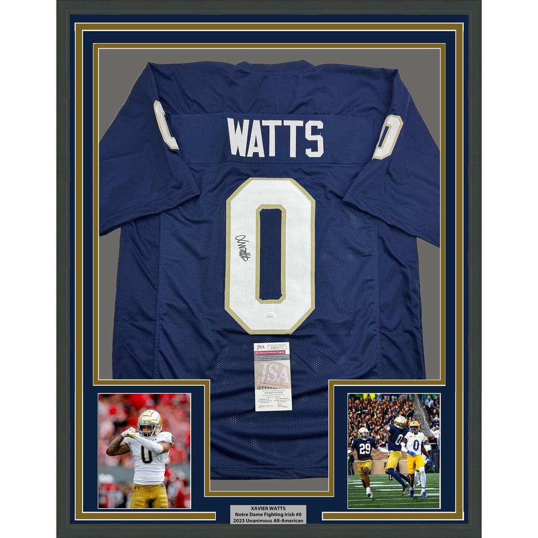 Xavier Watts signed Notre Dame blue jersey framed 35x39 JSA COA (1 of 2)